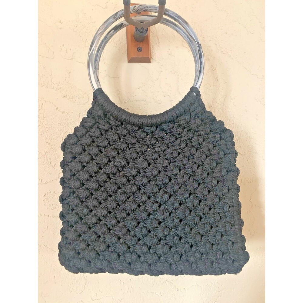 Vintage 1970s Style Macrame Circle Handle Boho Hippie Black Handbag
